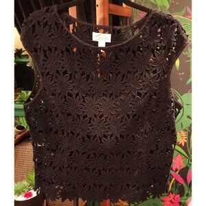 VINTAGE Talbots Women's Black Boho Retro Floral Crochet Sleeveless Top Size 12